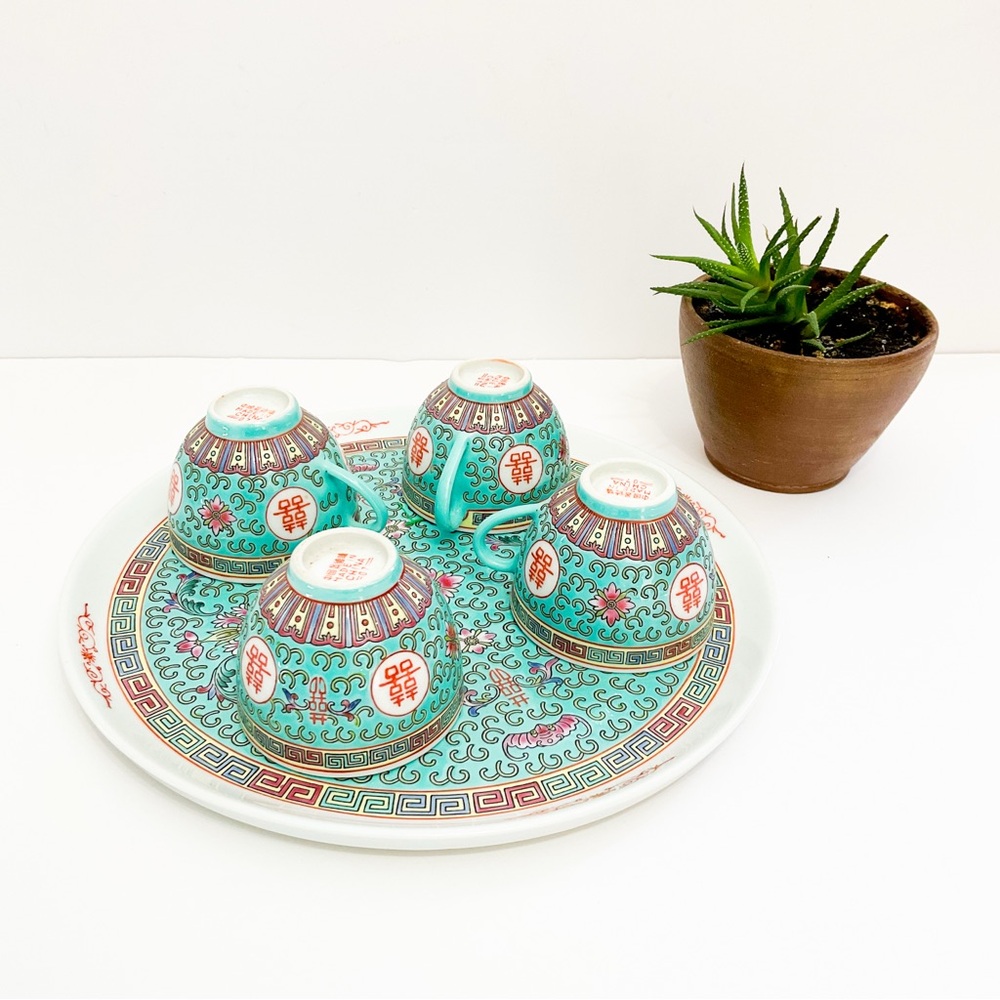 VINTAGE Chinese Export Porcelain Tea Set Teal Gold Longevity Symbol Bone China - Picture 4 of 11